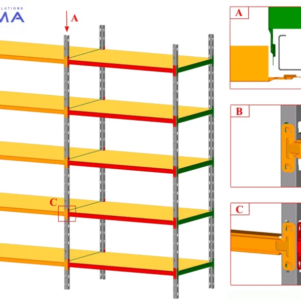 schemat montażu regałów BETA na nodze wspólnej