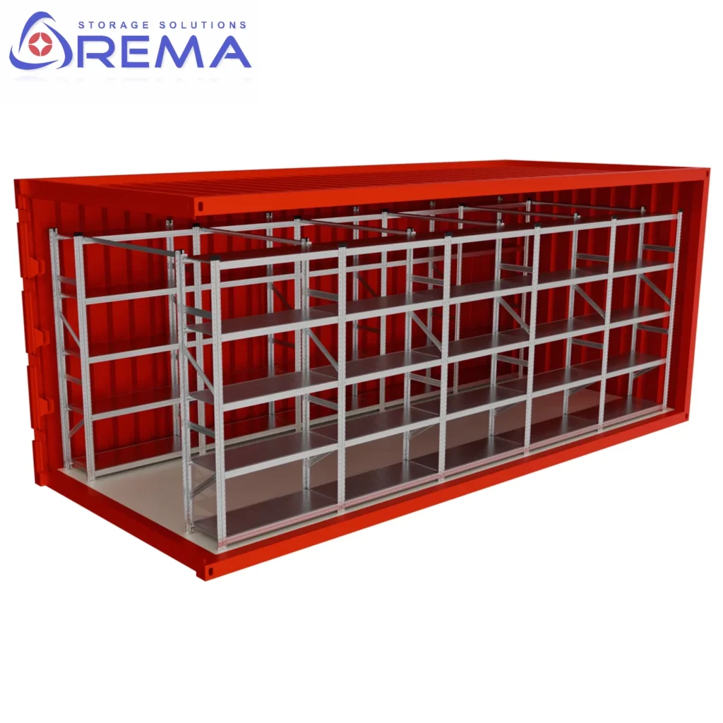 zabudowa kontenera morskiego regałami 20 stóp