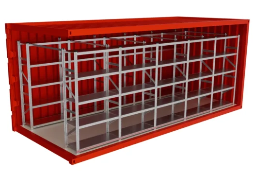 zabudowa kontenera morskiego regałami 20 stóp