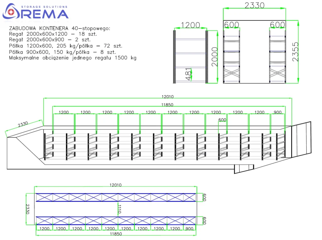 schemat ustawienia regałów w kontenerze morskim 40 stóp