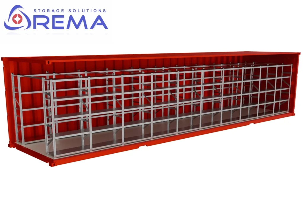 zabudowa kontenera morskiego regałami 40 stóp