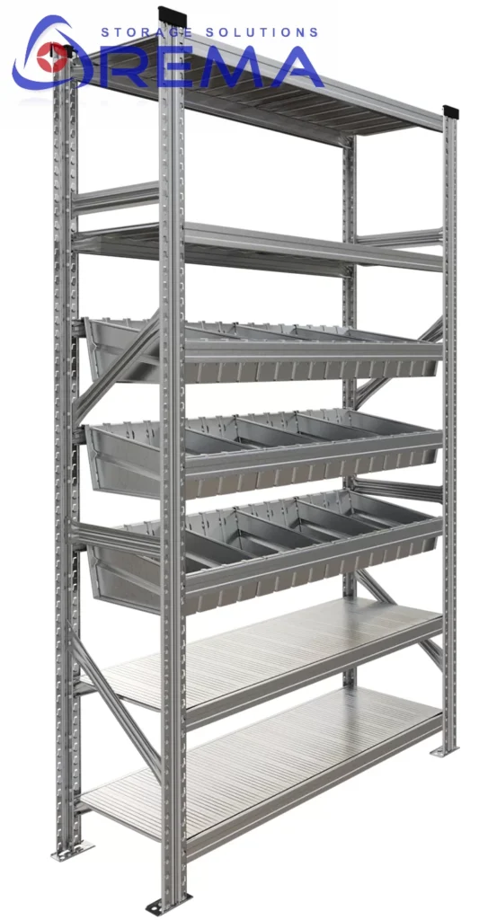 regał stalowy SU123 z półkami i kuwetami
