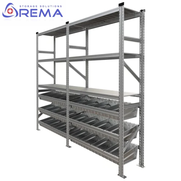 regał metalowy z pojemnikami