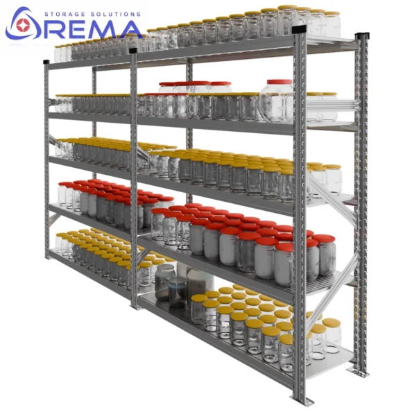 regał magazynowy ocynkowany ze słoikami