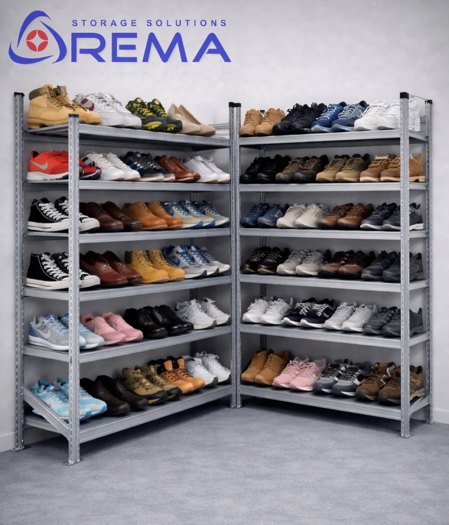 regały na buty ustawione w narożniku