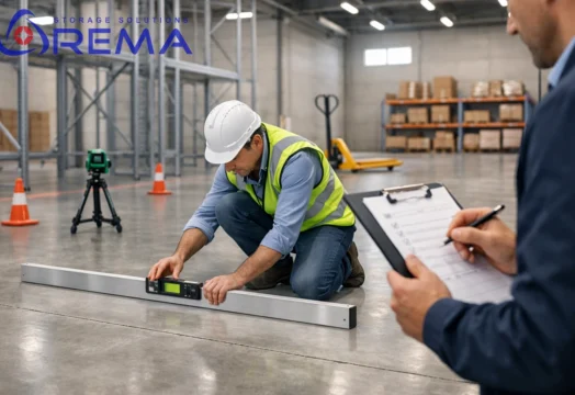 Inżynier mierzy równość podłogi magazynowej