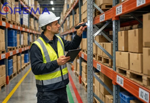 pracownik robiący kontrolę regałów