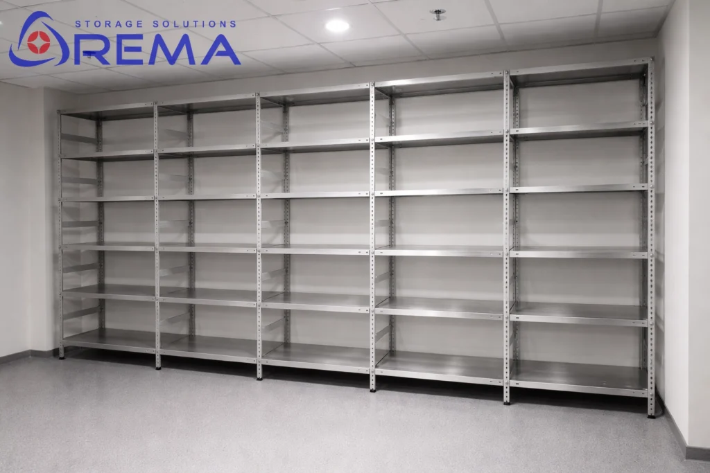 ciąg regałów nierdzewnych