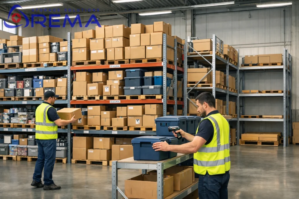 pracownicy w magazynie układają kartony na półkach