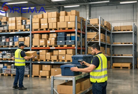 pracownicy w magazynie układają kartony na półkach