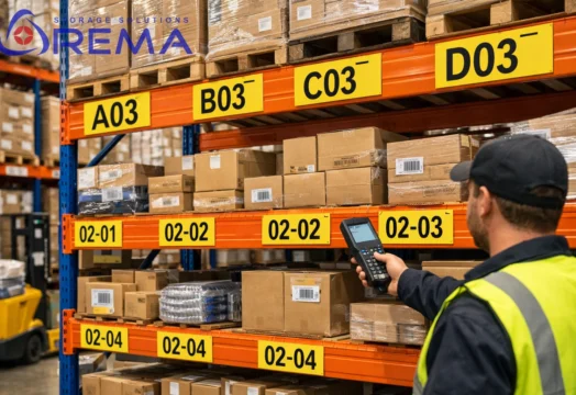 regały w magazynie z etykietami